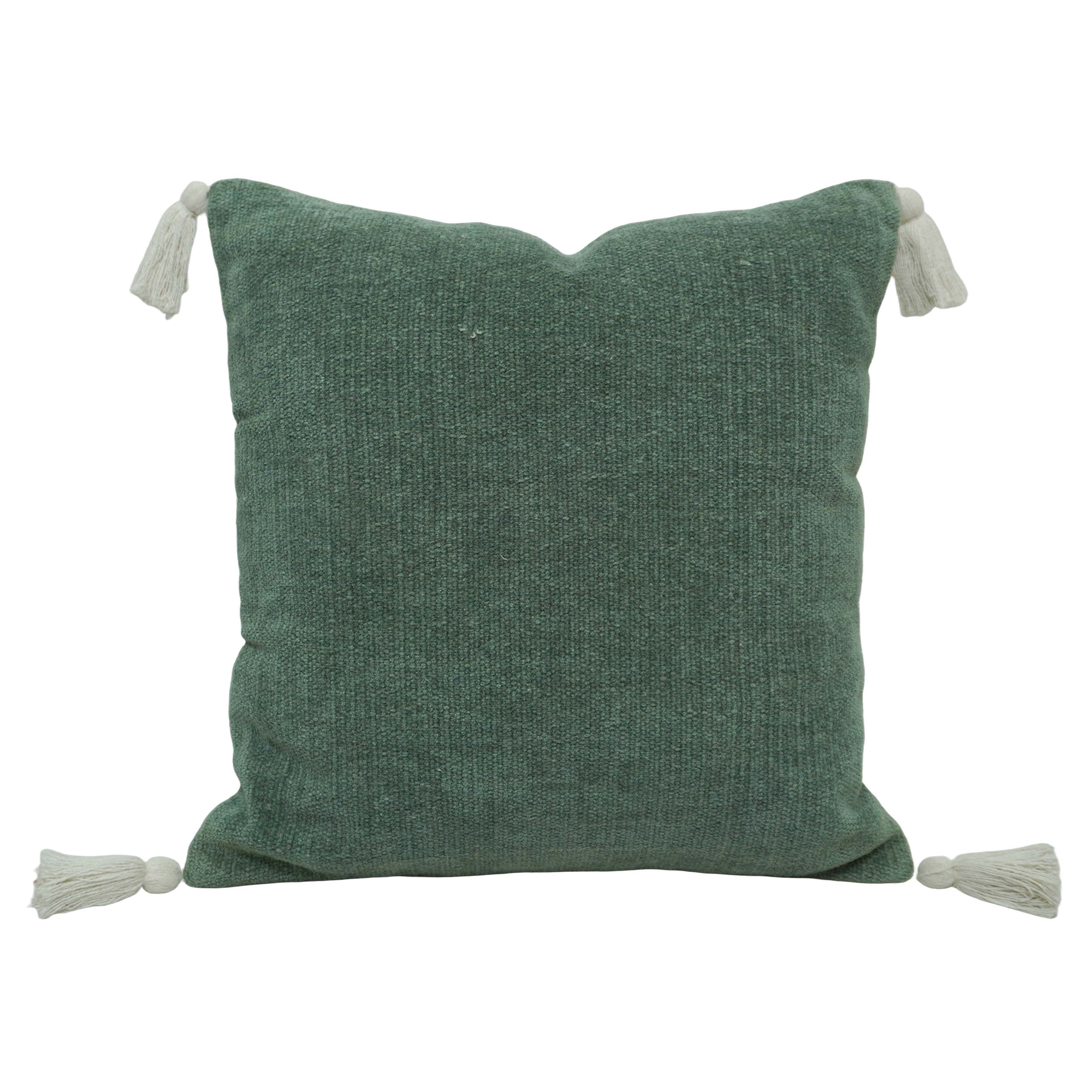 Handwoven Cotton Cushion Cover in Sage Green with Tassel Details – 45 x 45 cm