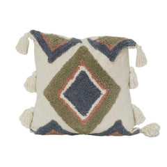 Geometric Tufted Cotton Cushion Cover with Tassels | Boho Textured Square Pillow Cover | Neutral & Earth Tone Decor