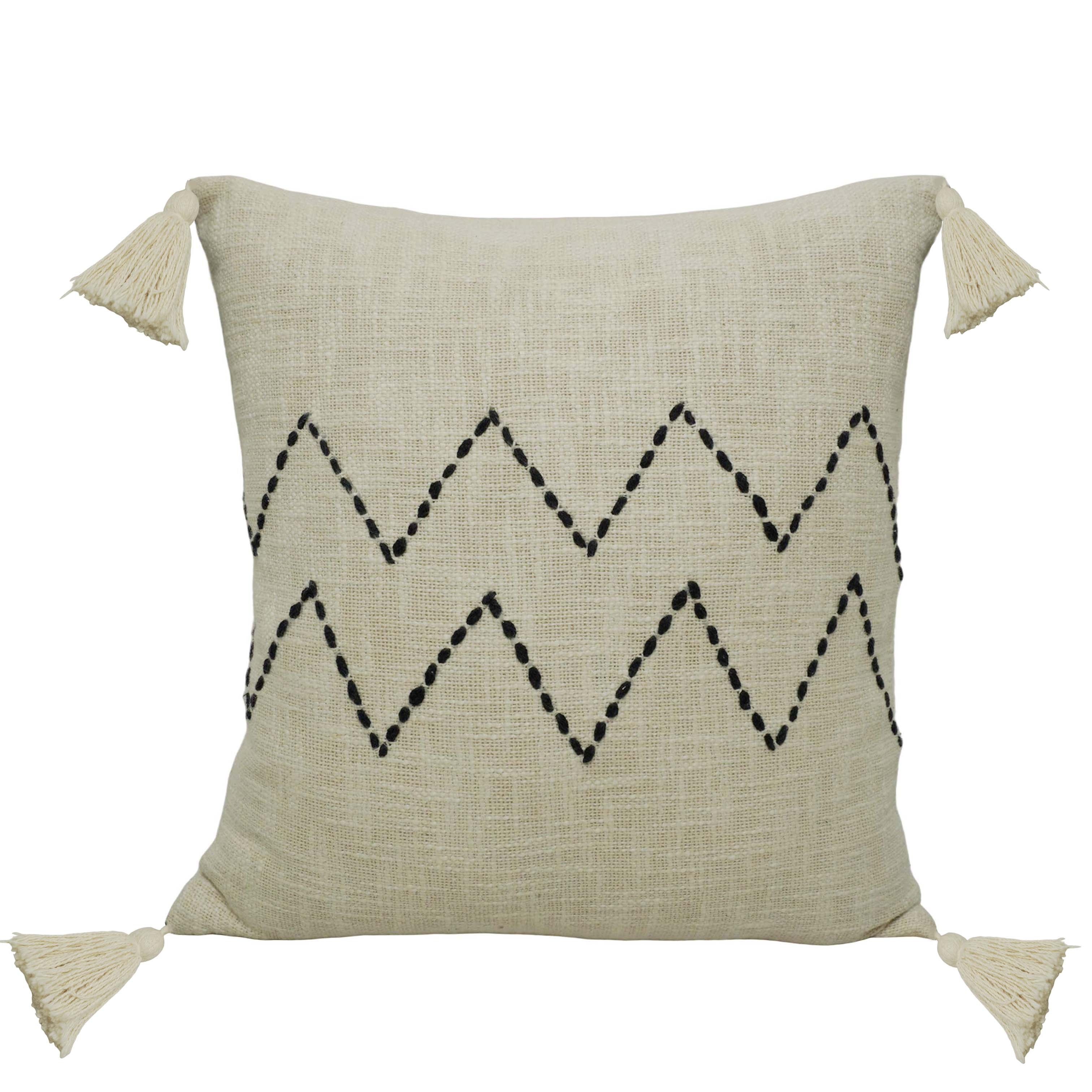 Handmade Embroidered Cotton Cushion Cover 45x45 cm | Ivory Cushion Cover with Black Zigzag Embroidery & Corner Tassels | Decorative Throw Pillow Cover | Hidden Zip