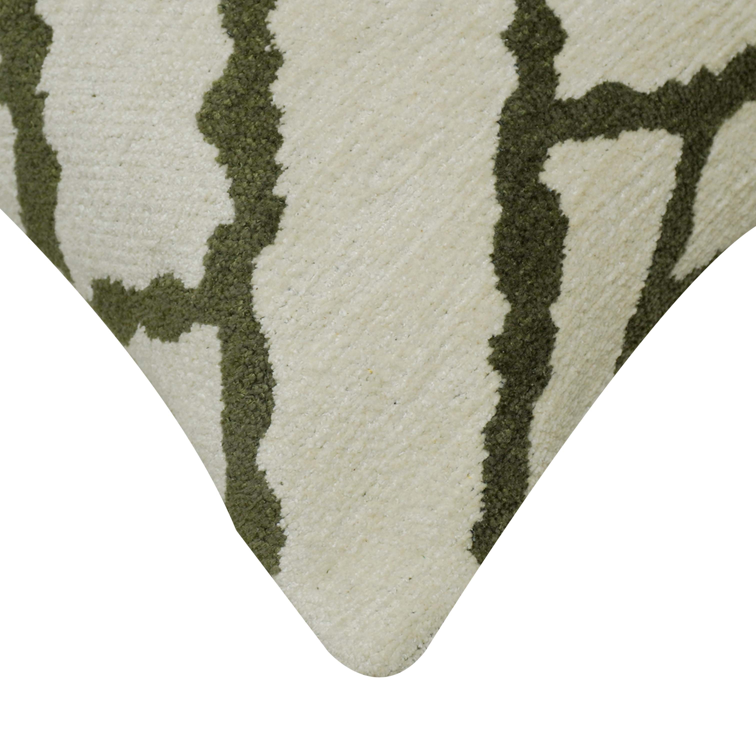 Geometric Jacquard Cotton Cushion Cover 45x45 cm | Ivory & Olive Green | Modern Trellis Pattern | Decorative Throw Pillow Cover with Hidden Zip