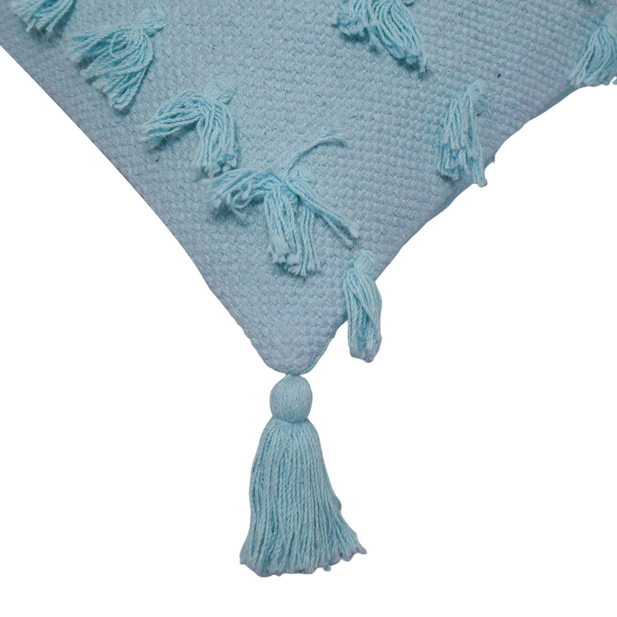 Handwoven Cotton Cushion Cover – Light Blue Textured Tassel Design, 45 x 45 cm