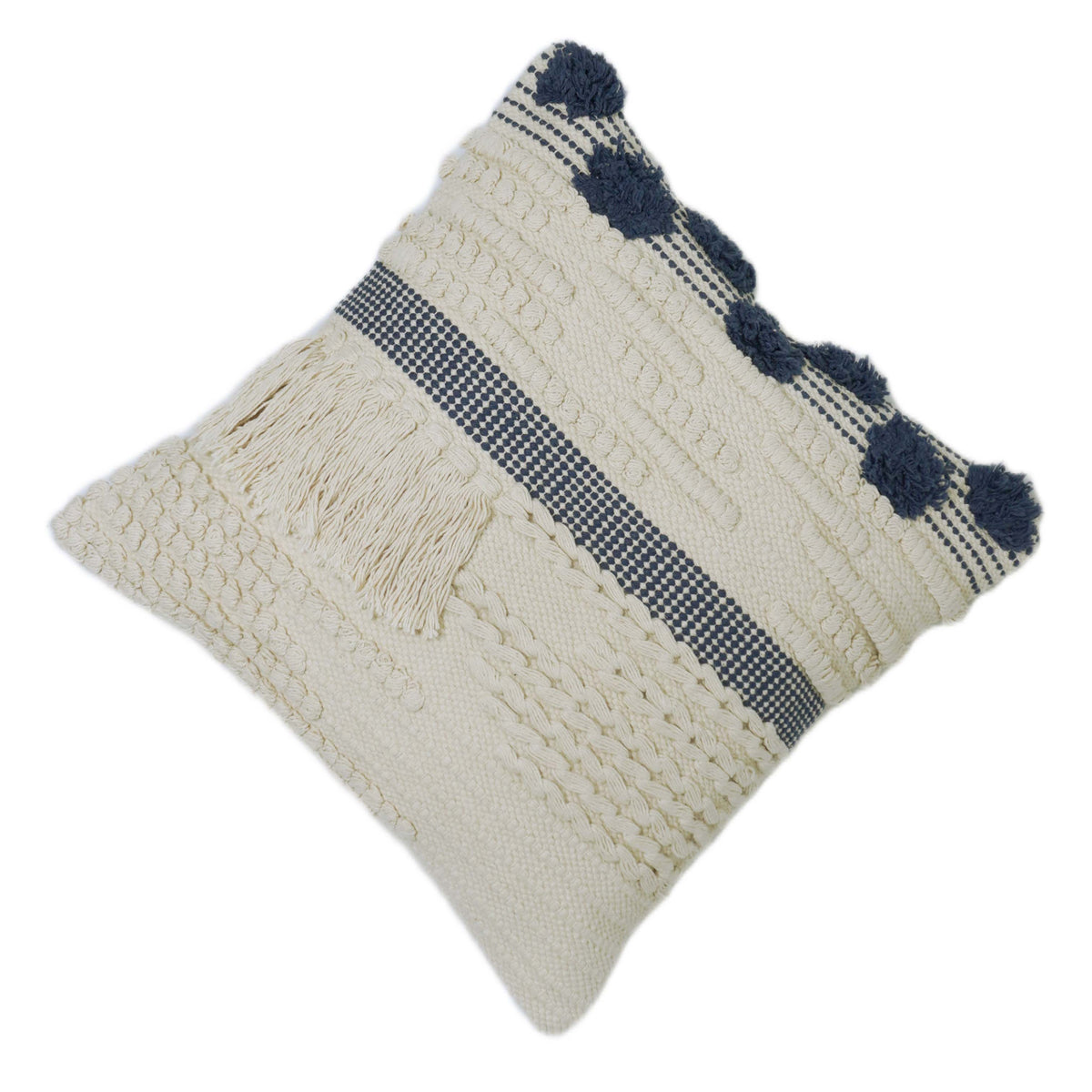 Navy and cream textured handwoven cotton cushion cover with tassel detail 45x45 cm