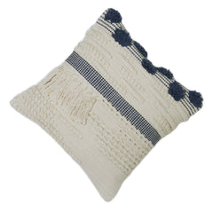Navy and cream textured handwoven cotton cushion cover with tassel detail 45x45 cm