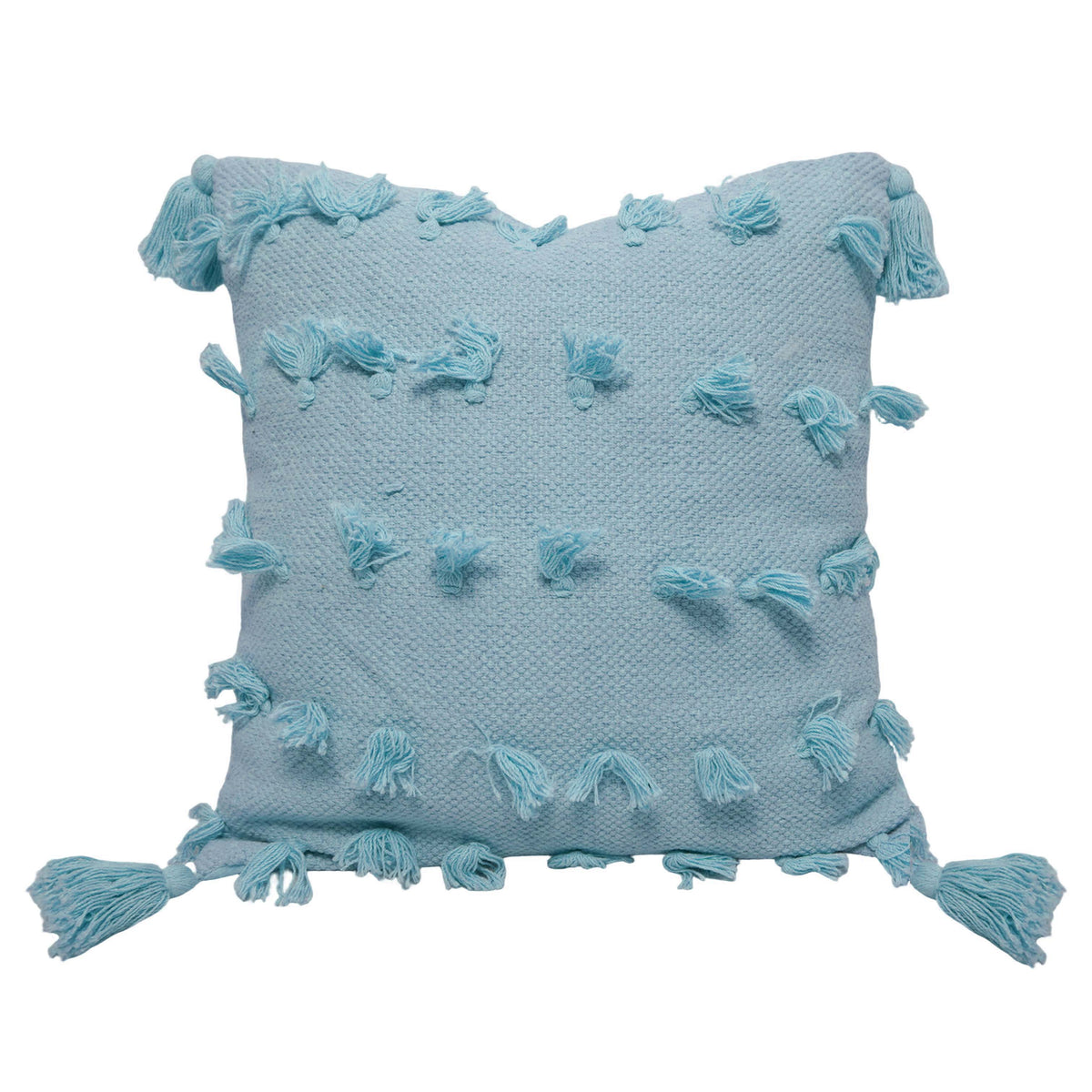 Handwoven Cotton Cushion Cover – Light Blue Textured Tassel Design, 45 x 45 cm