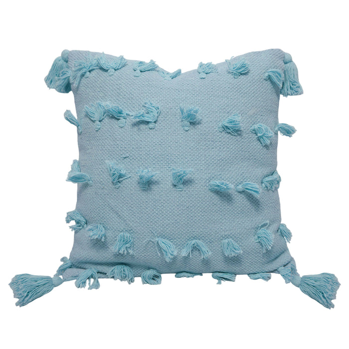 Handwoven Cotton Cushion Cover – Light Blue Textured Tassel Design, 45 x 45 cm