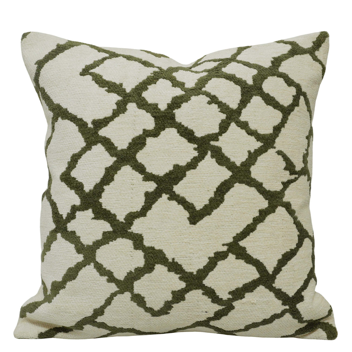 Geometric Jacquard Cotton Cushion Cover 45x45 cm | Ivory & Olive Green | Modern Trellis Pattern | Decorative Throw Pillow Cover with Hidden Zip