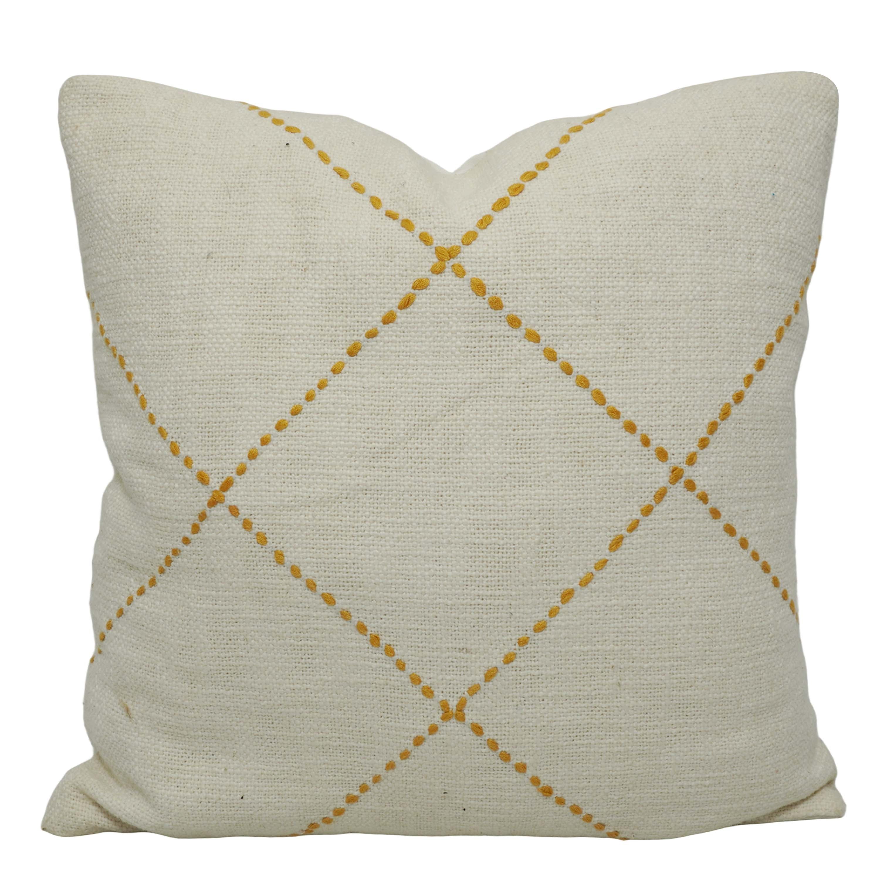 Hand Embroidered Cotton Cushion Cover 45x45 cm | Ivory & Mustard Geometric Stitch Decorative Throw Pillow Cover | Modern Boho Home Décor