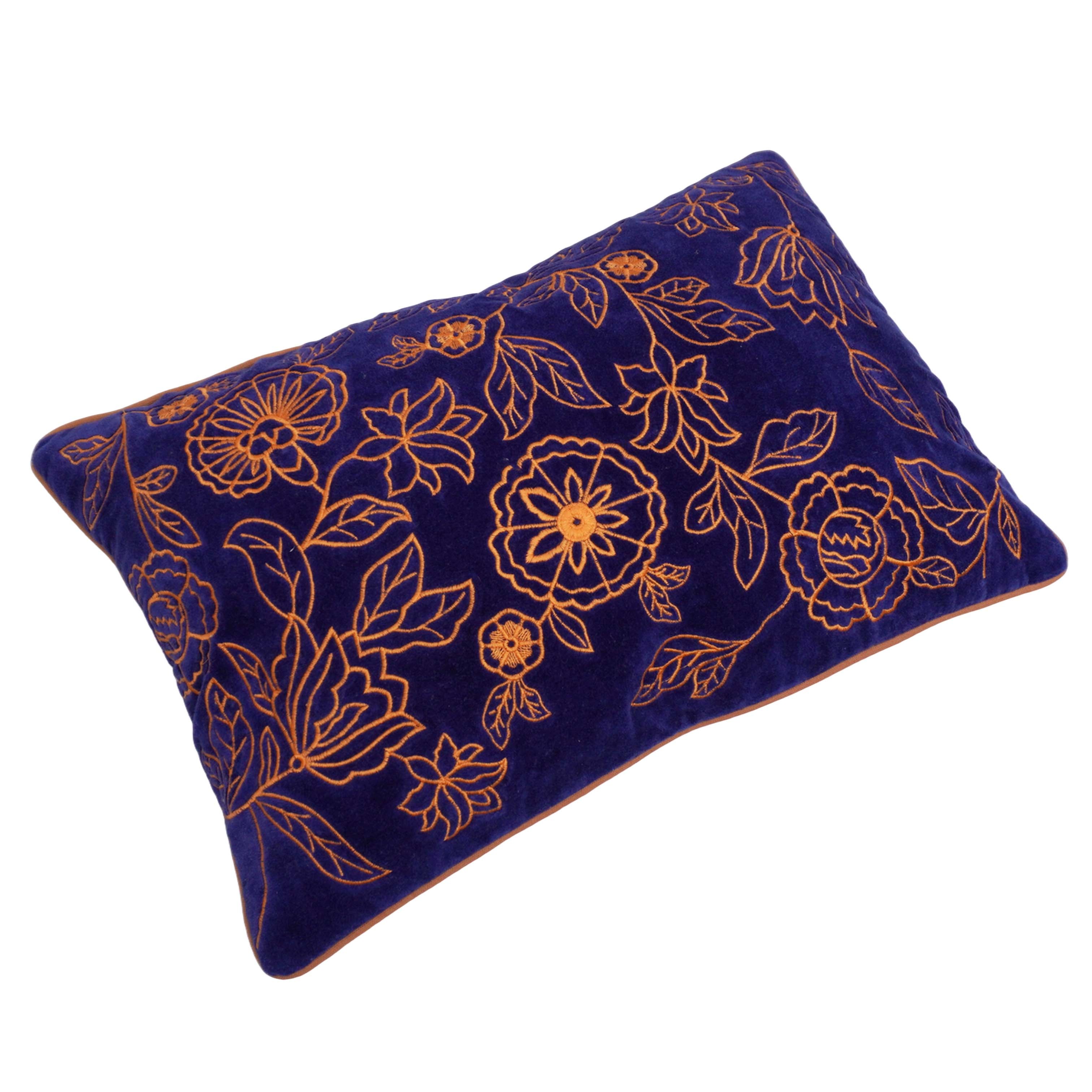 Navy Blue Embroidered Cotton Velvet Cushion Cover 40x60 cm | Floral Embroidery Lumbar Pillow Cover | Decorative Cushion Cover with Concealed Zip