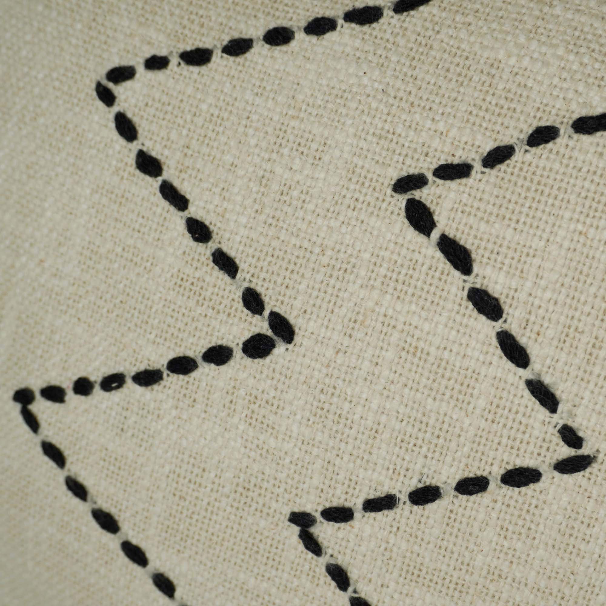 Handmade Embroidered Cotton Cushion Cover 45x45 cm | Ivory Cushion Cover with Black Zigzag Embroidery & Corner Tassels | Decorative Throw Pillow Cover | Hidden Zip