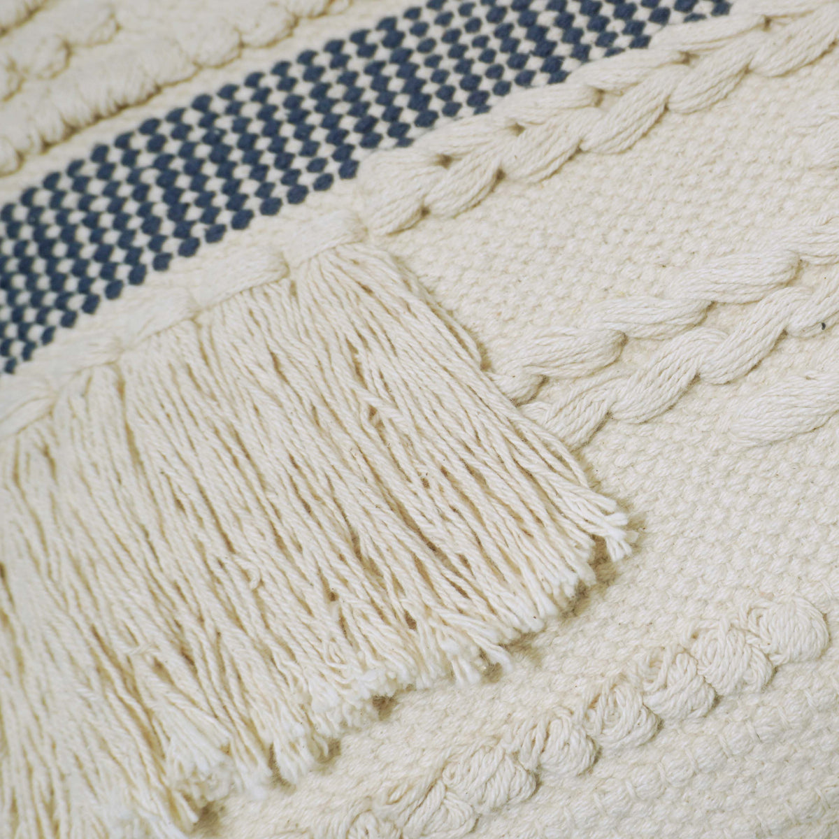 Navy and cream textured handwoven cotton cushion cover with tassel detail 45x45 cm