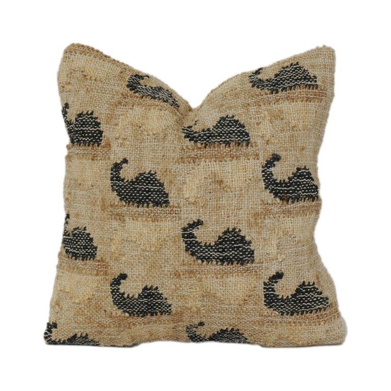 Handwoven Jute Cushion Cover with Abstract Black Motif | Rustic Boho Decorative Pillow Cover | 18x18 Inch