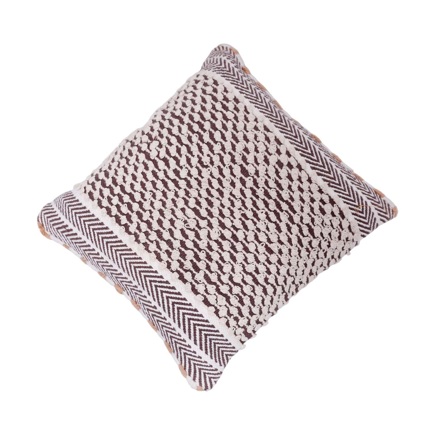Handmade Textured Cotton Cushion Cover 45x45 cm | Brown & Ivory Woven Boho Throw Pillow Cover | Artisan Decorative Cushion Case