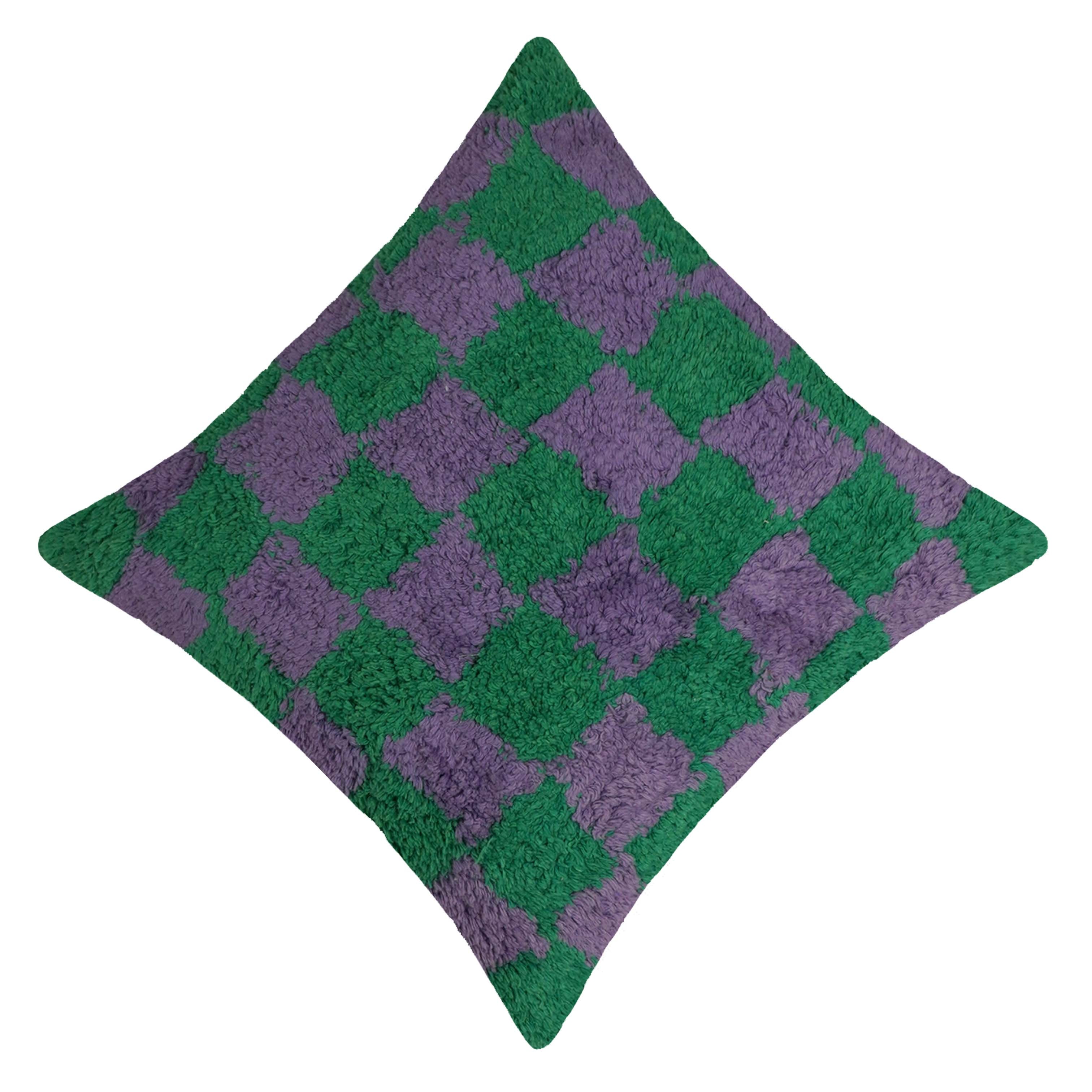 Handmade Tufted Cotton Cushion Cover 45x45 cm | Green & Lavender Checkerboard Design | Soft Textured Decorative Throw Pillow Cover | Hidden Zip | Modern Boho Home Décor
