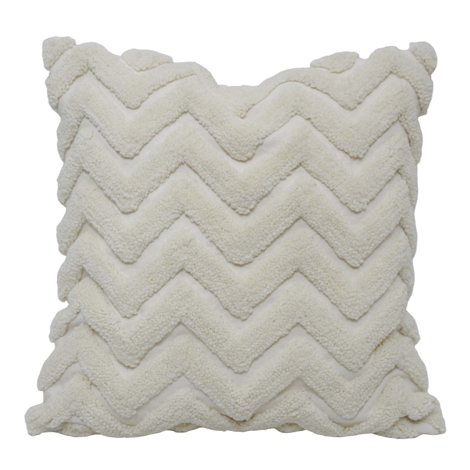 Handmade Tufted Cotton Cushion Cover 45x45 cm | Ivory Chevron Textured Throw Pillow Cover | Boho Modern Home Décor | Concealed Zip