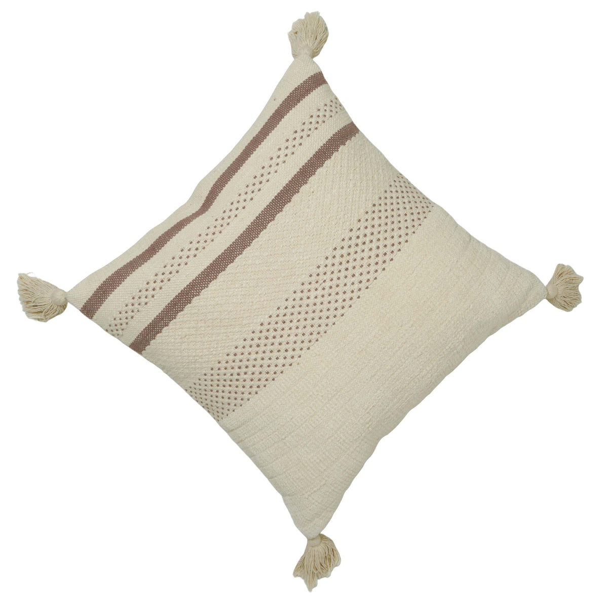 Handwoven Cotton Cushion Cover 45x45 cm | Textured Woven Stripe Design with Tassels | Decorative Boho Throw Pillow Cover | Concealed Zip | Natural & Brown