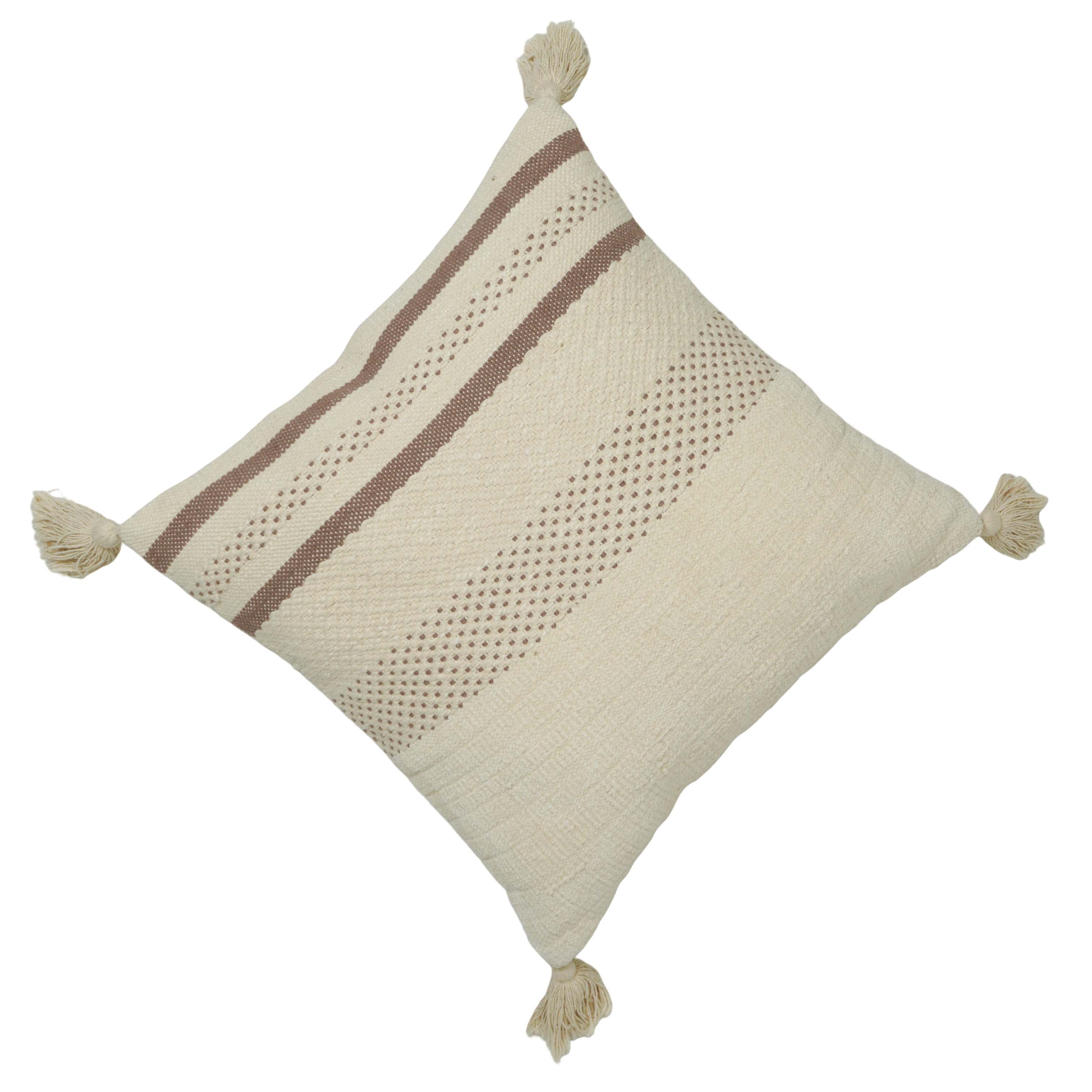 Handwoven Cotton Cushion Cover 45x45 cm | Textured Woven Stripe Design with Tassels | Decorative Boho Throw Pillow Cover | Concealed Zip | Natural & Brown