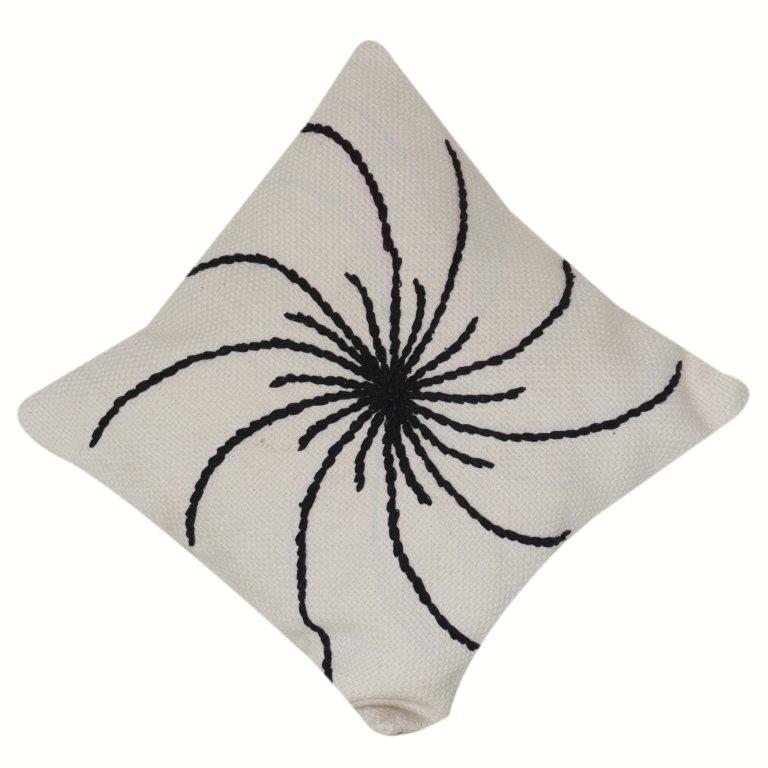 Black Spiral Embroidered Cotton Cushion Cover | Modern Abstract Floral Throw Pillow Cover | 18x18 Inch