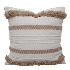 Handwoven Cotton Cushion Cover with Tufted Fringe Border | Decorative Boho Throw Pillow Cover | 45 x 45 cm | Ivory & Beige