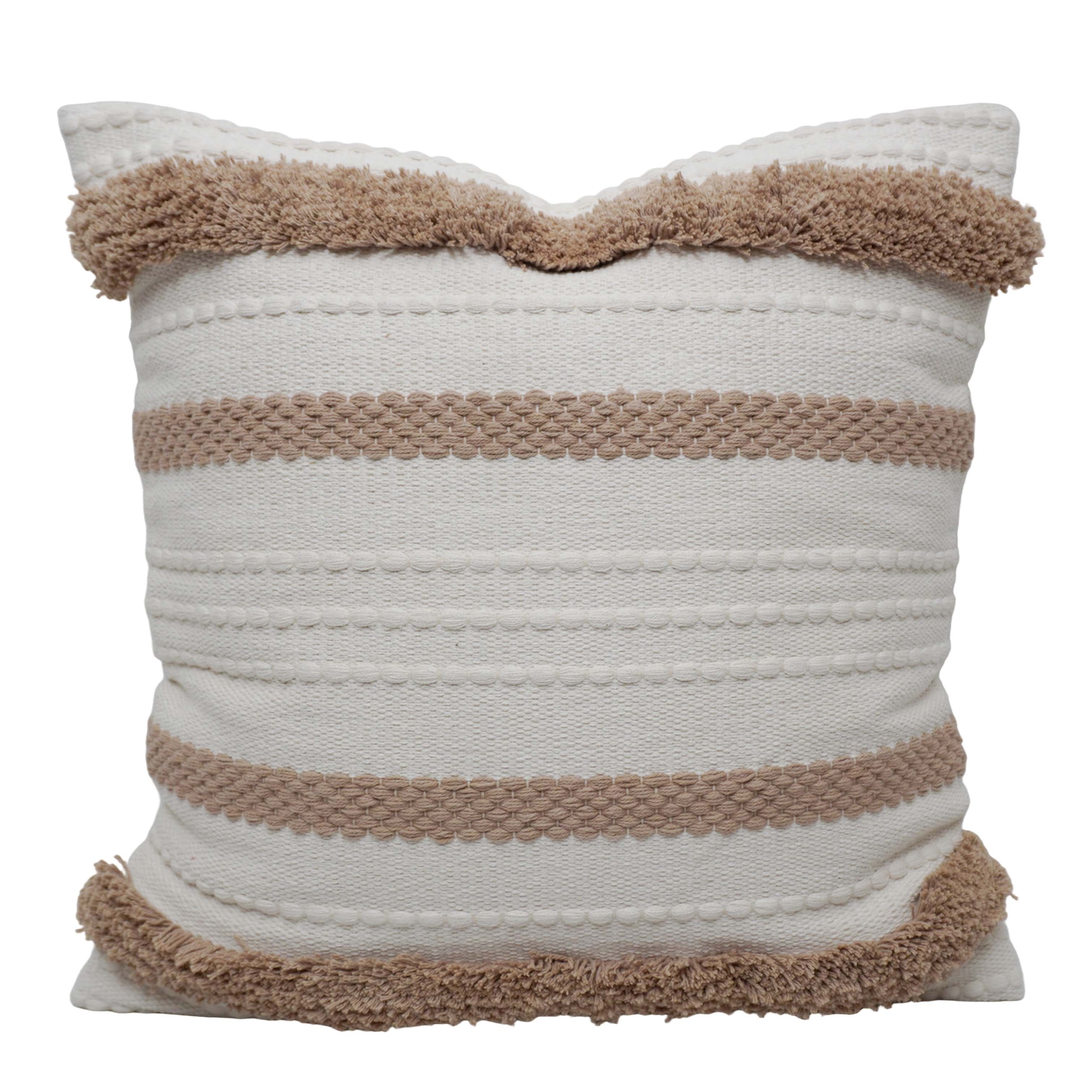 Handwoven Cotton Cushion Cover with Tufted Fringe Border | Decorative Boho Throw Pillow Cover | 45 x 45 cm | Ivory & Beige
