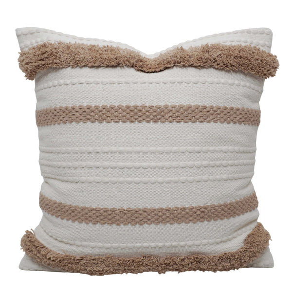 Handwoven Cotton Cushion Cover with Tufted Fringe Border | Decorative Boho Throw Pillow Cover | 45 x 45 cm | Ivory & Beige