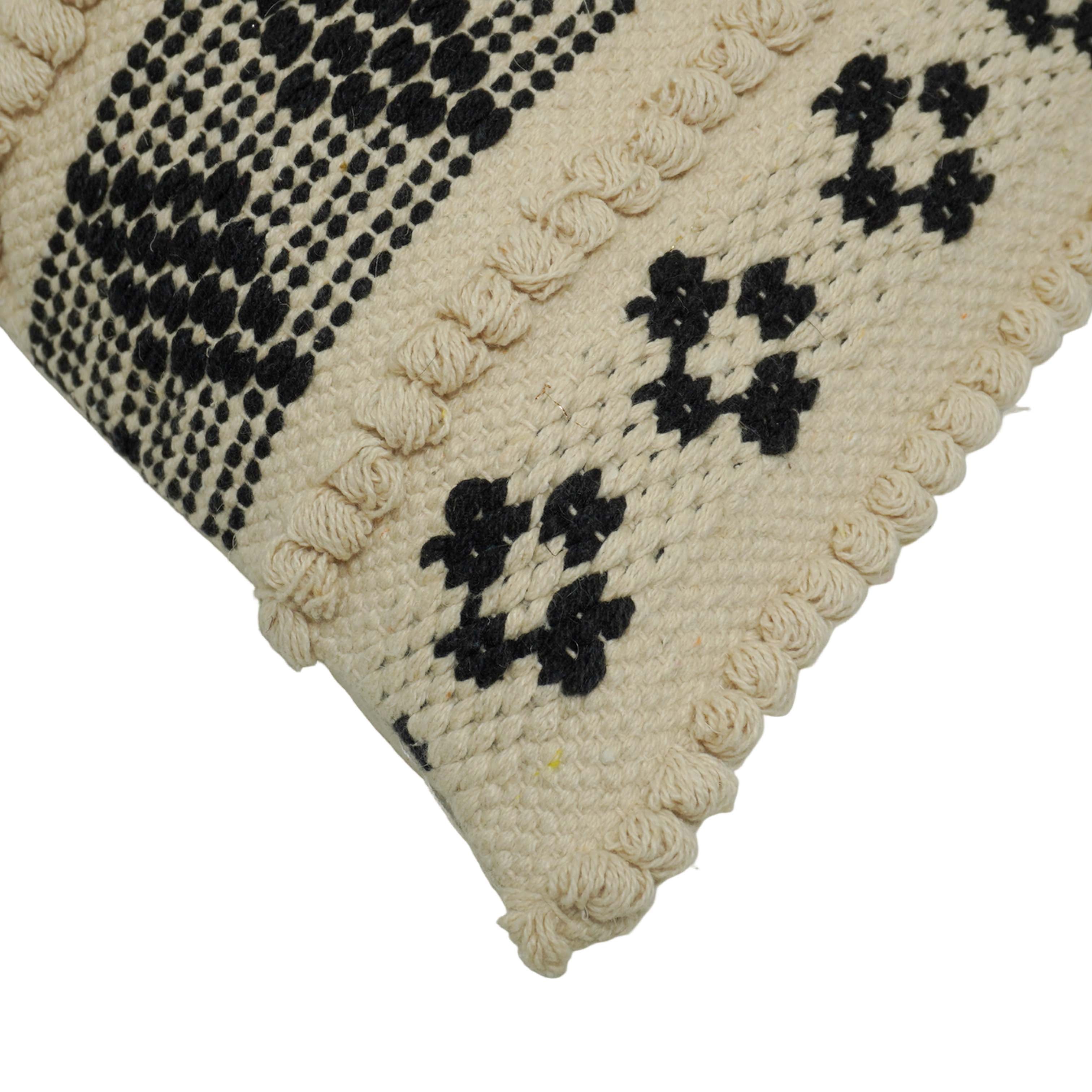 Handwoven Cotton Cushion Cover 45x45 cm | Black & Ivory Geometric Woven Decorative Throw Pillow Cover | Boho Farmhouse Sofa Cushion Cover with Hidden Zip