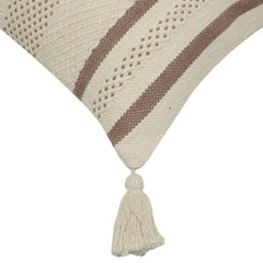 Handwoven Cotton Cushion Cover 45x45 cm | Textured Woven Stripe Design with Tassels | Decorative Boho Throw Pillow Cover | Concealed Zip | Natural & Brown