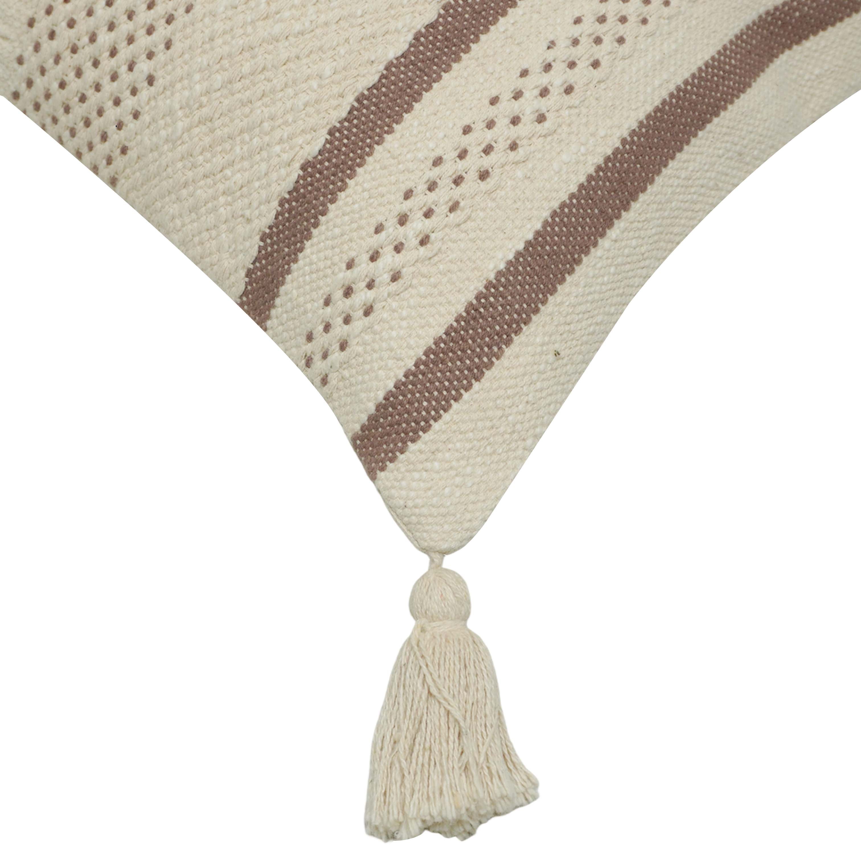 Handwoven Cotton Cushion Cover 45x45 cm | Textured Woven Stripe Design with Tassels | Decorative Boho Throw Pillow Cover | Concealed Zip | Natural & Brown