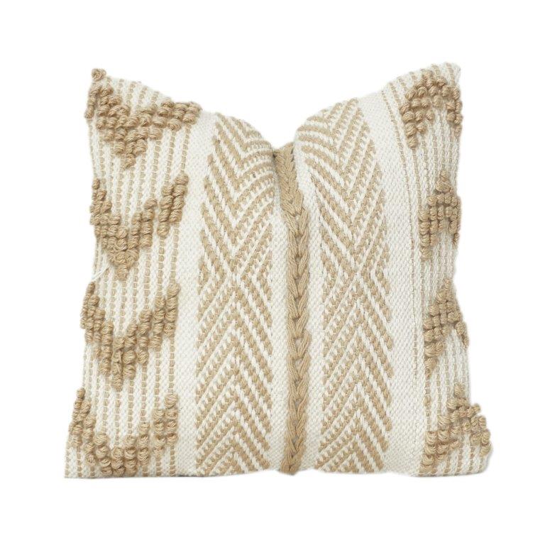 Handwoven Cotton Jute Cushion Cover 45x45 cm | Textured Boho Geometric Embroidery | Neutral Decorative Throw Pillow Cover with Hidden Zip - Bulk manufacturer & supplier from Panipat, India