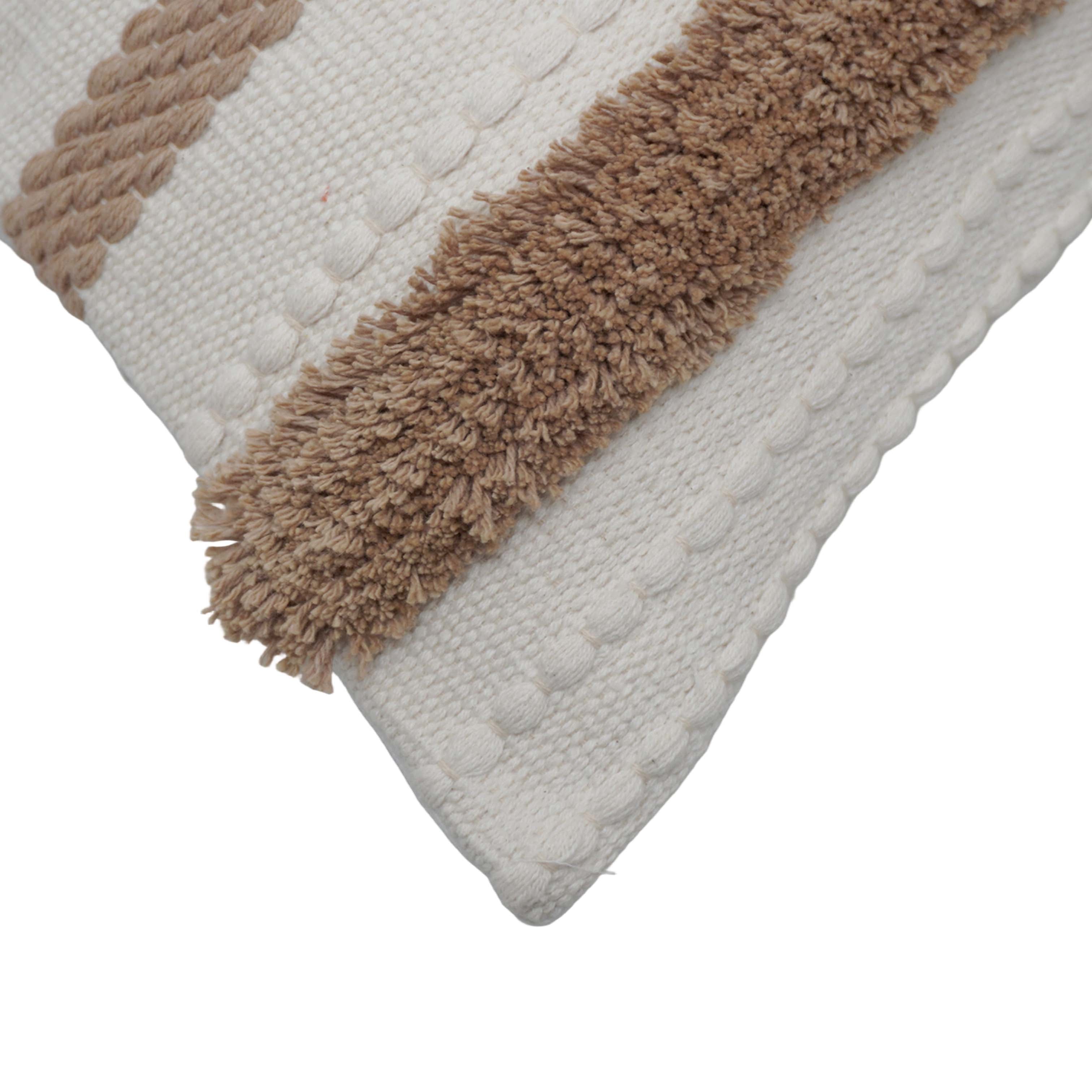Handwoven Cotton Cushion Cover with Tufted Fringe Border | Decorative Boho Throw Pillow Cover | 45 x 45 cm | Ivory & Beige