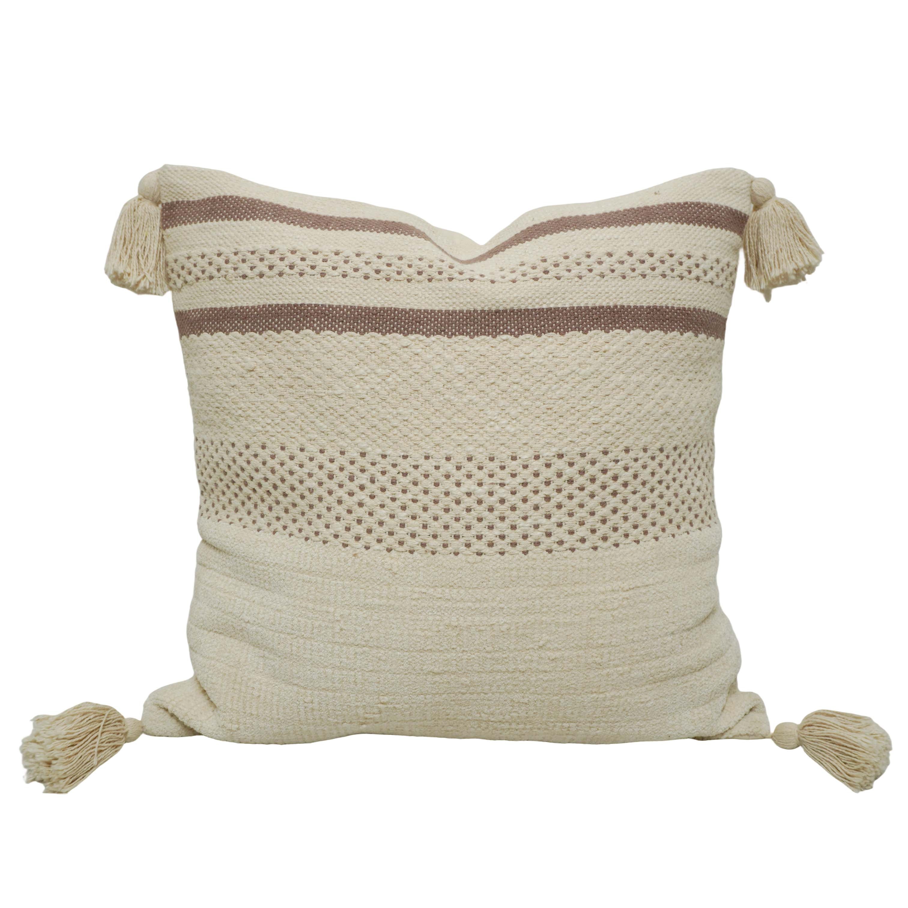 Handwoven Cotton Cushion Cover 45x45 cm | Textured Woven Stripe Design with Tassels | Decorative Boho Throw Pillow Cover | Concealed Zip | Natural & Brown