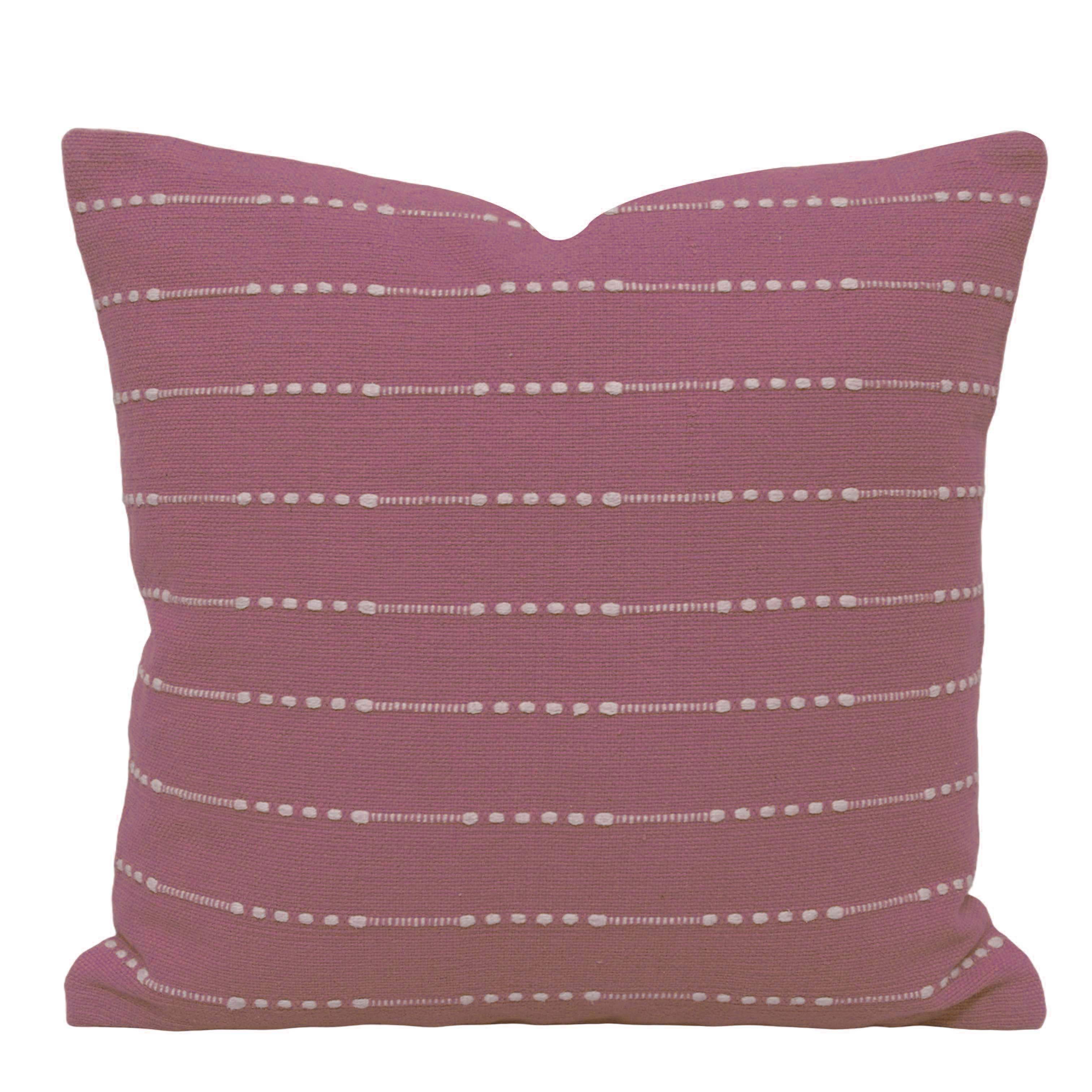 Handwoven Cotton Cushion Cover 45x45 cm – Mauve Pink with Ivory Horizontal Dotted Stripe Pattern