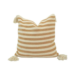 Camel & Ivory Striped Handwoven Cotton Cushion Cover with Tassels | 45x45 cm