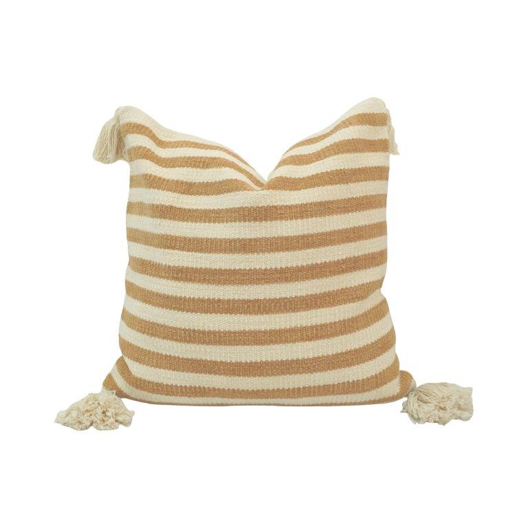 Camel & Ivory Striped Handwoven Cotton Cushion Cover with Tassels | 45x45 cm