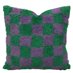 Handmade Tufted Cotton Cushion Cover 45x45 cm | Green & Lavender Checkerboard Design | Soft Textured Decorative Throw Pillow Cover | Hidden Zip | Modern Boho Home Décor