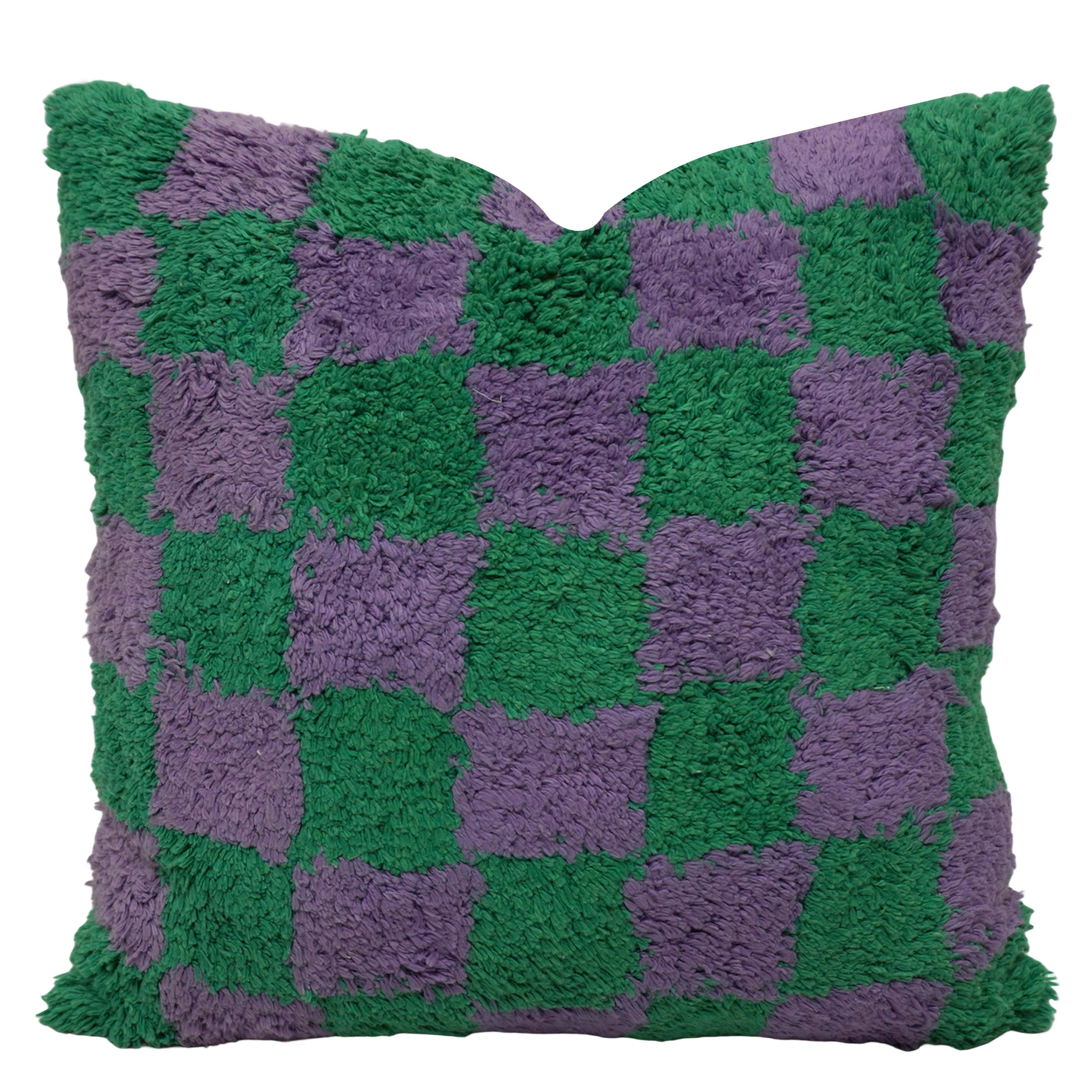 Handmade Tufted Cotton Cushion Cover 45x45 cm | Green & Lavender Checkerboard Design | Soft Textured Decorative Throw Pillow Cover | Hidden Zip | Modern Boho Home Décor