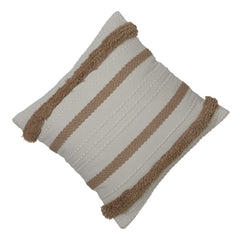 Handwoven Cotton Cushion Cover with Tufted Fringe Border | Decorative Boho Throw Pillow Cover | 45 x 45 cm | Ivory & Beige