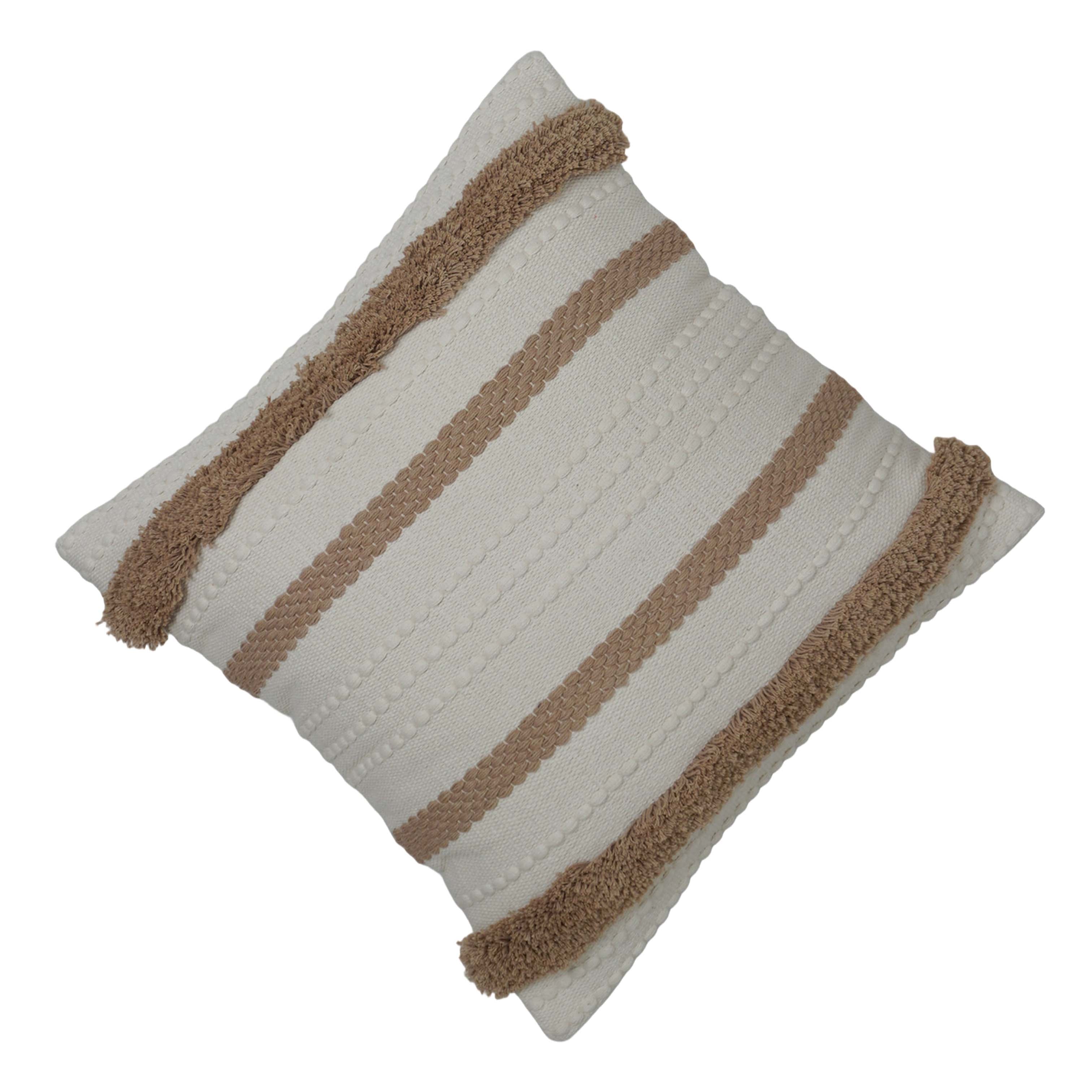 Handwoven Cotton Cushion Cover with Tufted Fringe Border | Decorative Boho Throw Pillow Cover | 45 x 45 cm | Ivory & Beige