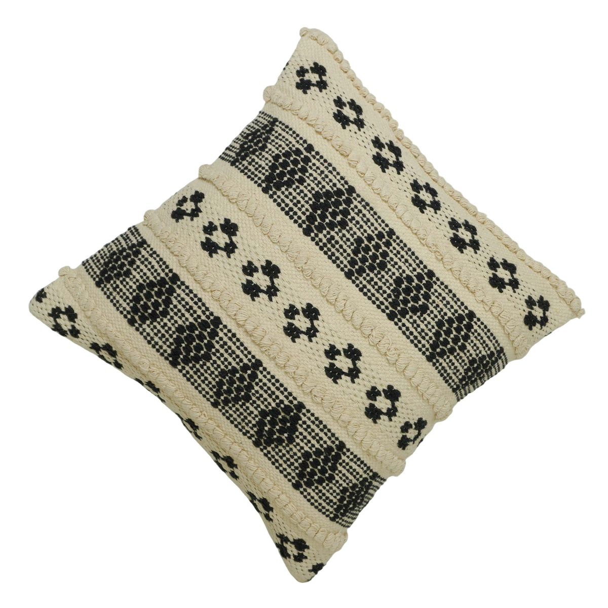 Handwoven Cotton Cushion Cover 45x45 cm | Black & Ivory Geometric Woven Decorative Throw Pillow Cover | Boho Farmhouse Sofa Cushion Cover with Hidden Zip