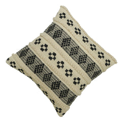 Handwoven Cotton Cushion Cover 45x45 cm | Black & Ivory Geometric Woven Decorative Throw Pillow Cover | Boho Farmhouse Sofa Cushion Cover with Hidden Zip