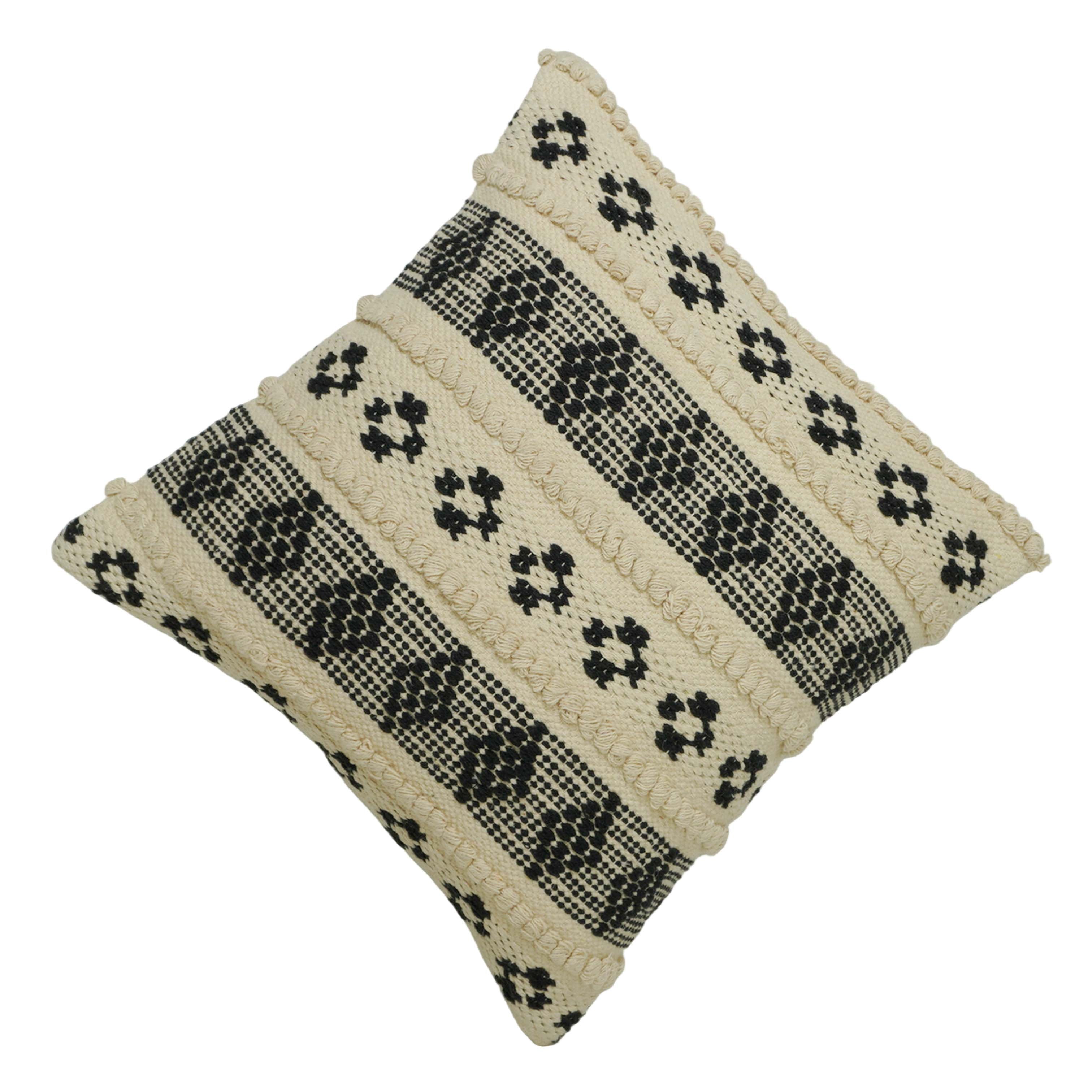 Handwoven Cotton Cushion Cover 45x45 cm | Black & Ivory Geometric Woven Decorative Throw Pillow Cover | Boho Farmhouse Sofa Cushion Cover with Hidden Zip