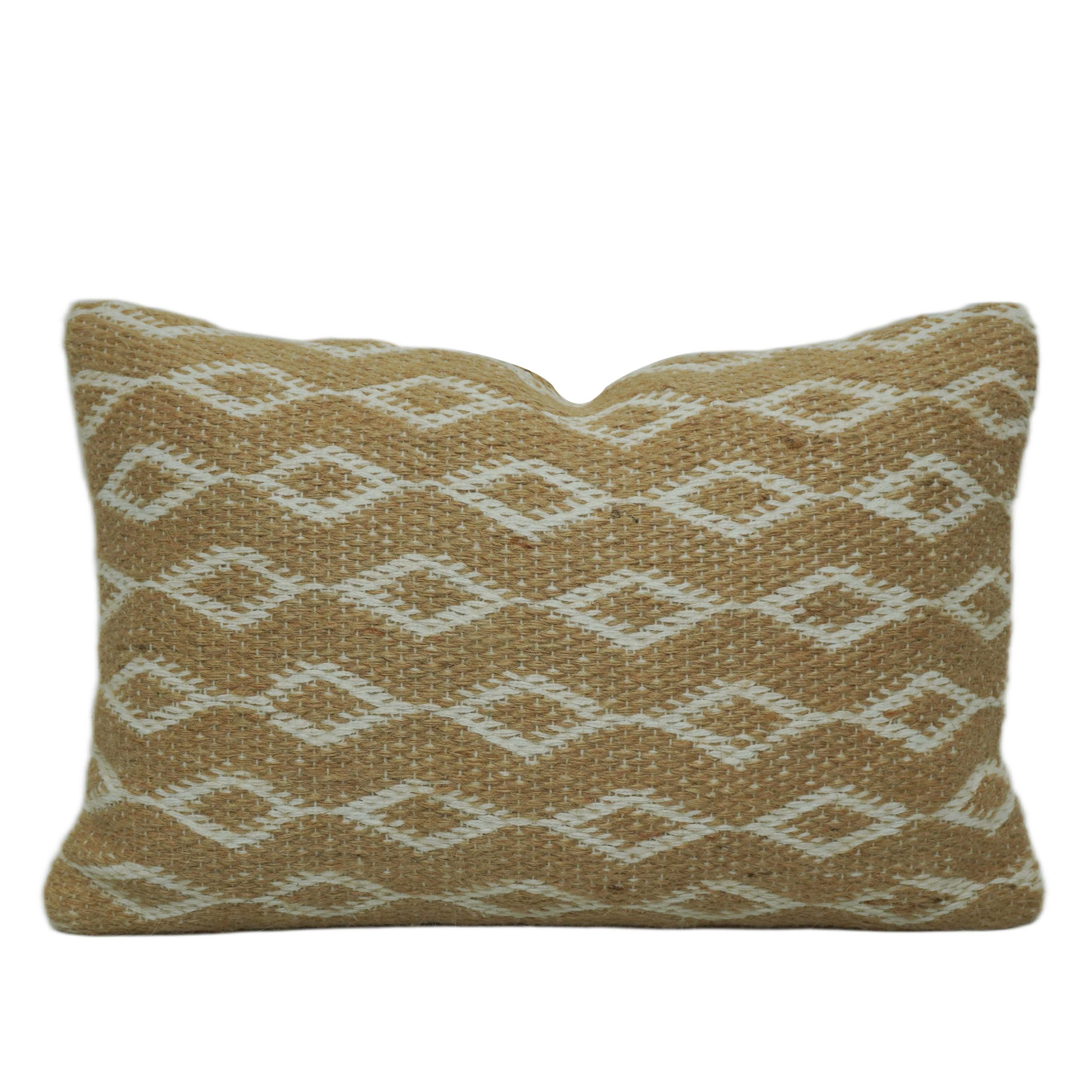 **Handwoven Jute & Cotton Cushion Cover 35x50 cm – Natural Beige Geometric Diamond Pattern, Boho Textured Accent Pillow Cover**