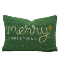 Machine Embroidered Merry Christmas Cushion Cover – Green Textured Christmas Accent Pillow, 35 x 50 cm