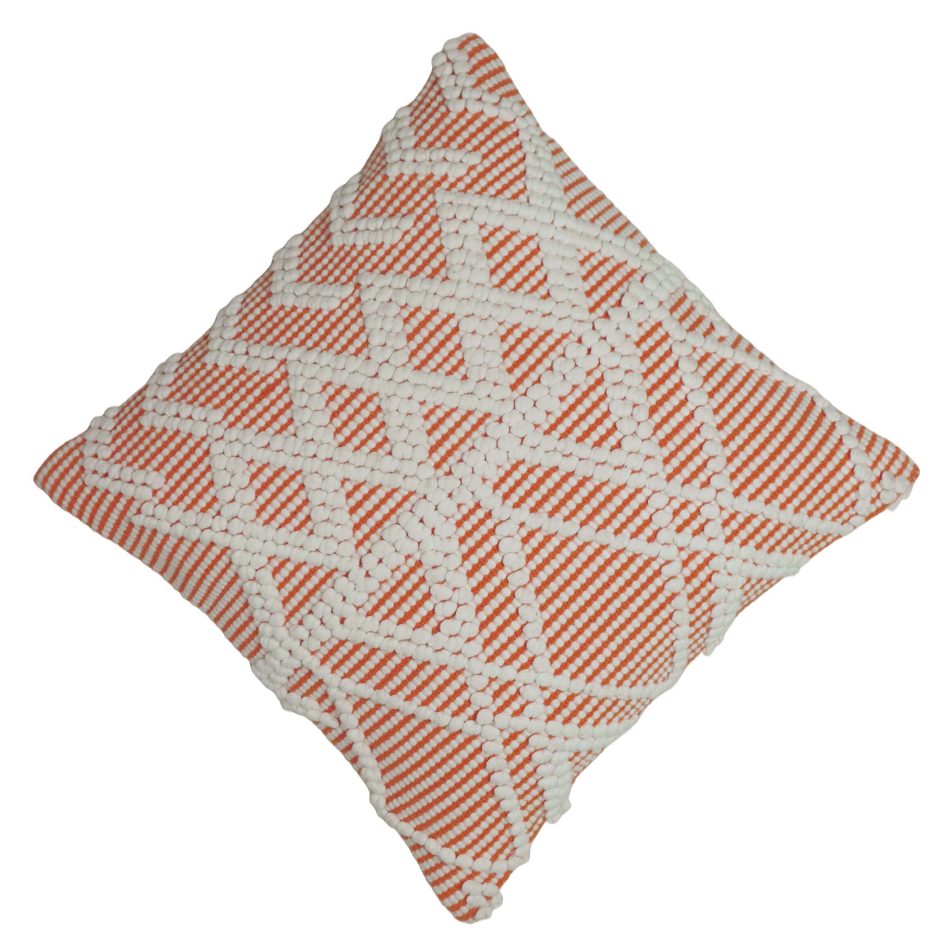 Handwoven Cotton Cushion Cover 45x45 cm | Orange & Ivory Textured Geometric Woven Throw Pillow Cover | Hidden Zipper | Boho Modern Home Décor