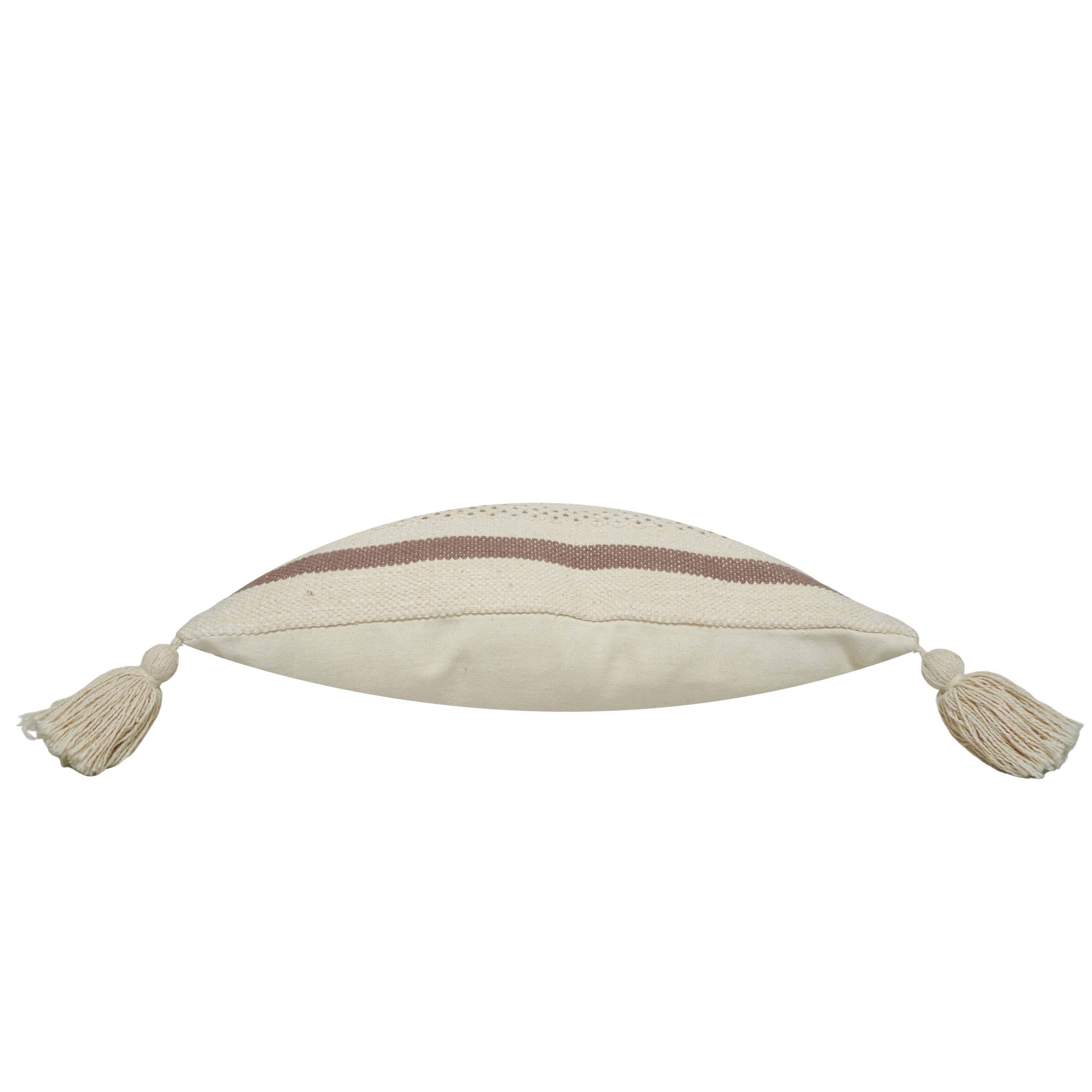 Handwoven Cotton Cushion Cover 45x45 cm | Textured Woven Stripe Design with Tassels | Decorative Boho Throw Pillow Cover | Concealed Zip | Natural & Brown