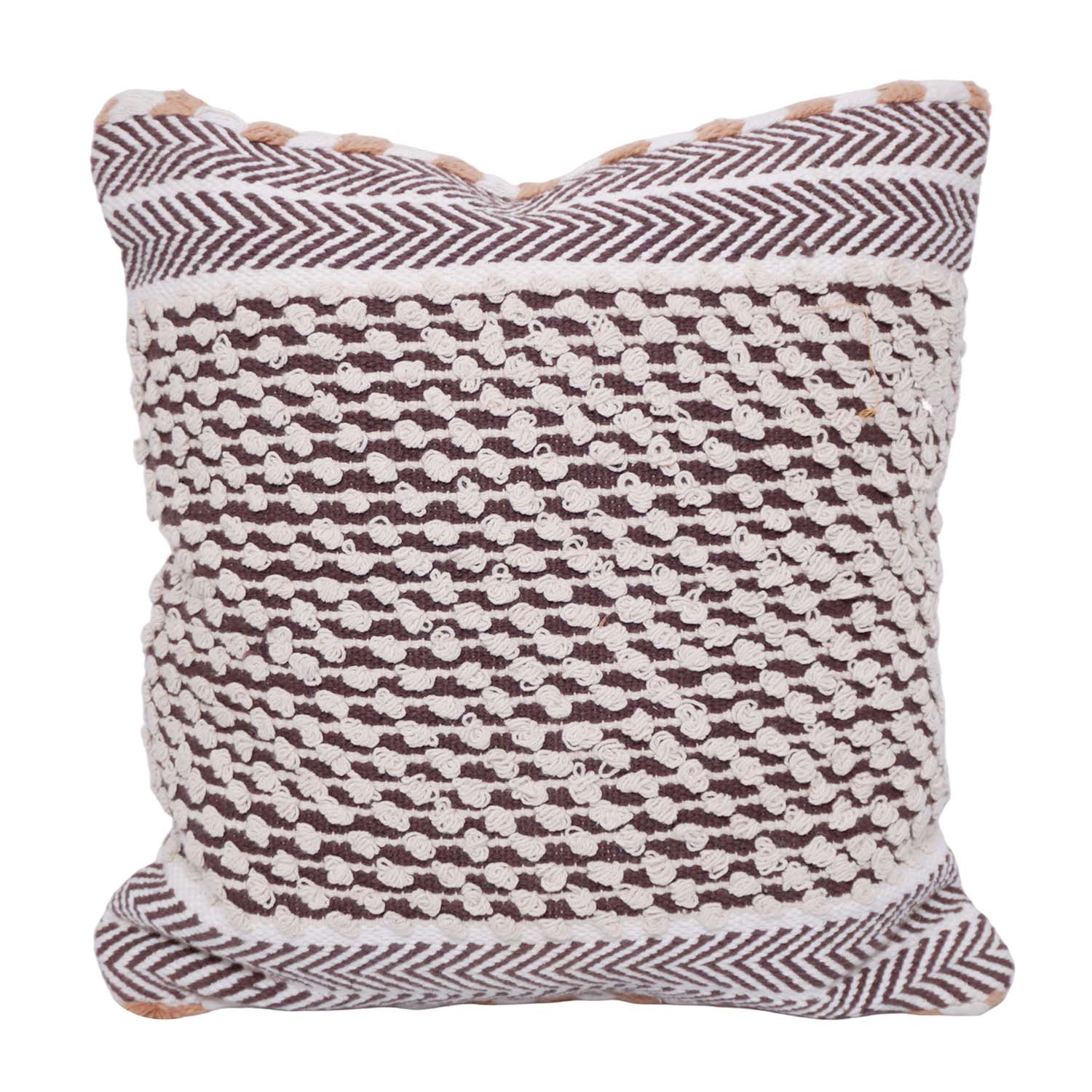 Handmade Textured Cotton Cushion Cover 45x45 cm | Brown & Ivory Woven Boho Throw Pillow Cover | Artisan Decorative Cushion Case