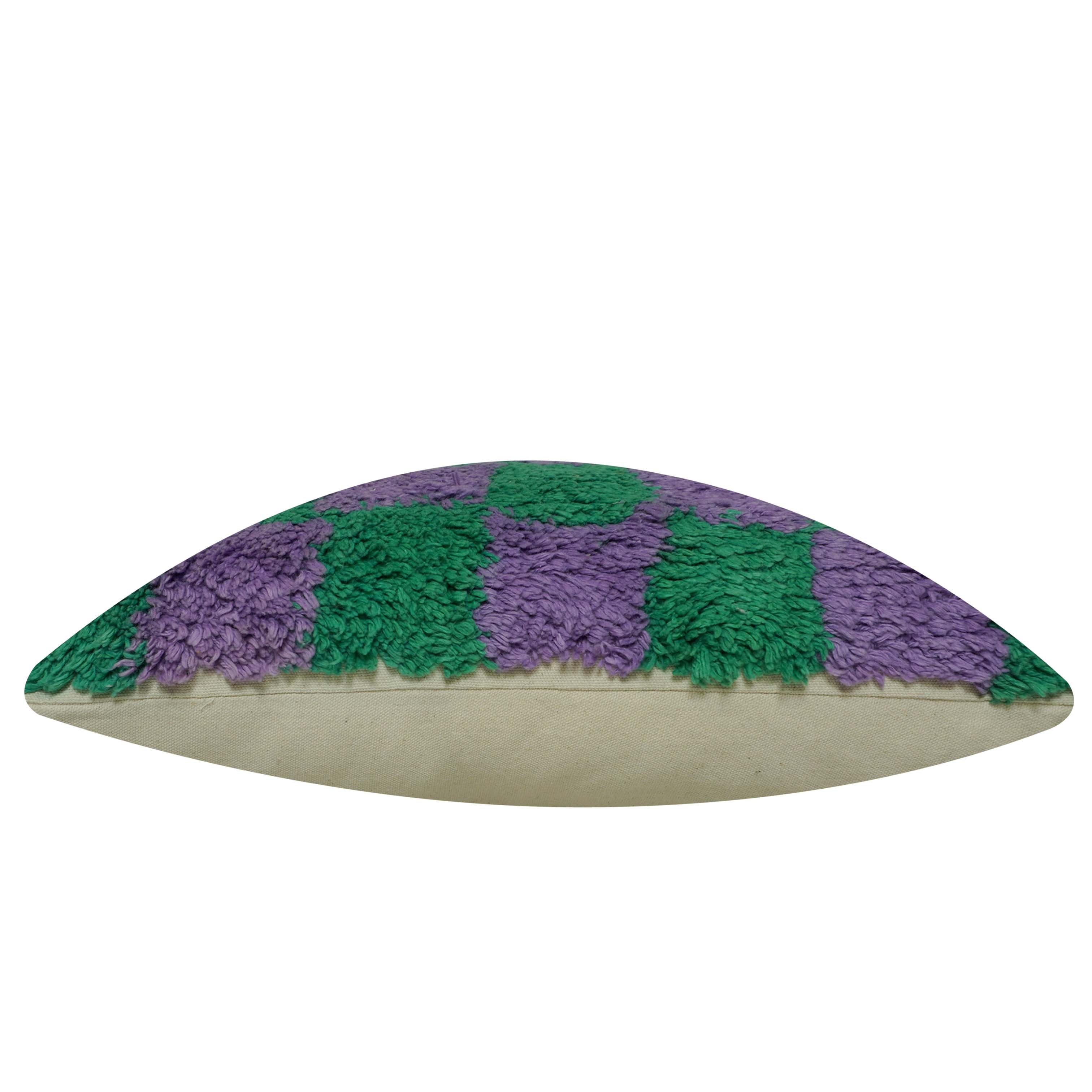 Handmade Tufted Cotton Cushion Cover 45x45 cm | Green & Lavender Checkerboard Design | Soft Textured Decorative Throw Pillow Cover | Hidden Zip | Modern Boho Home Décor