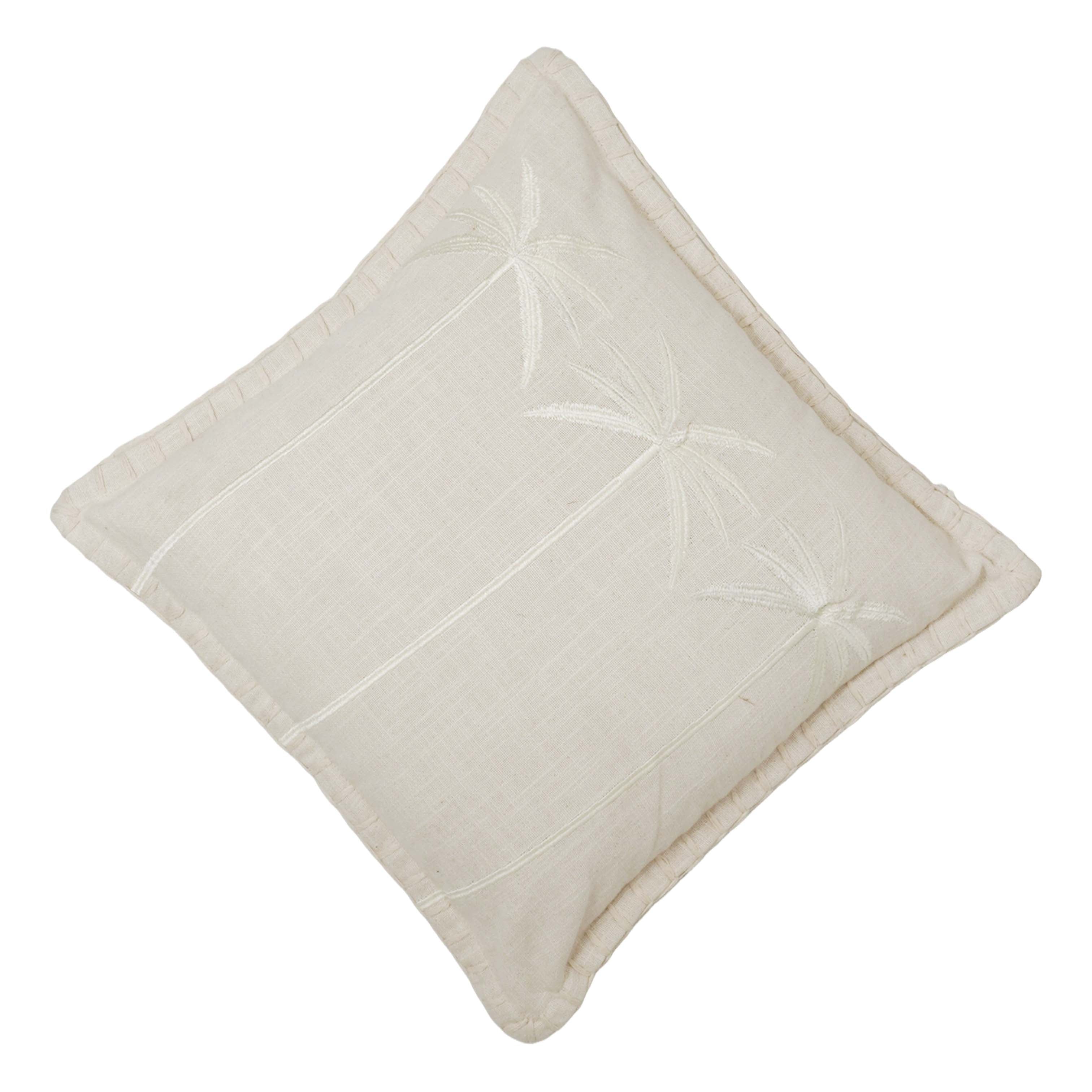 Ivory Palm Tree Embroidered Cotton Cushion Cover 45x45 cm | Tropical Decorative Throw Pillow Cover with Ruffle Edge