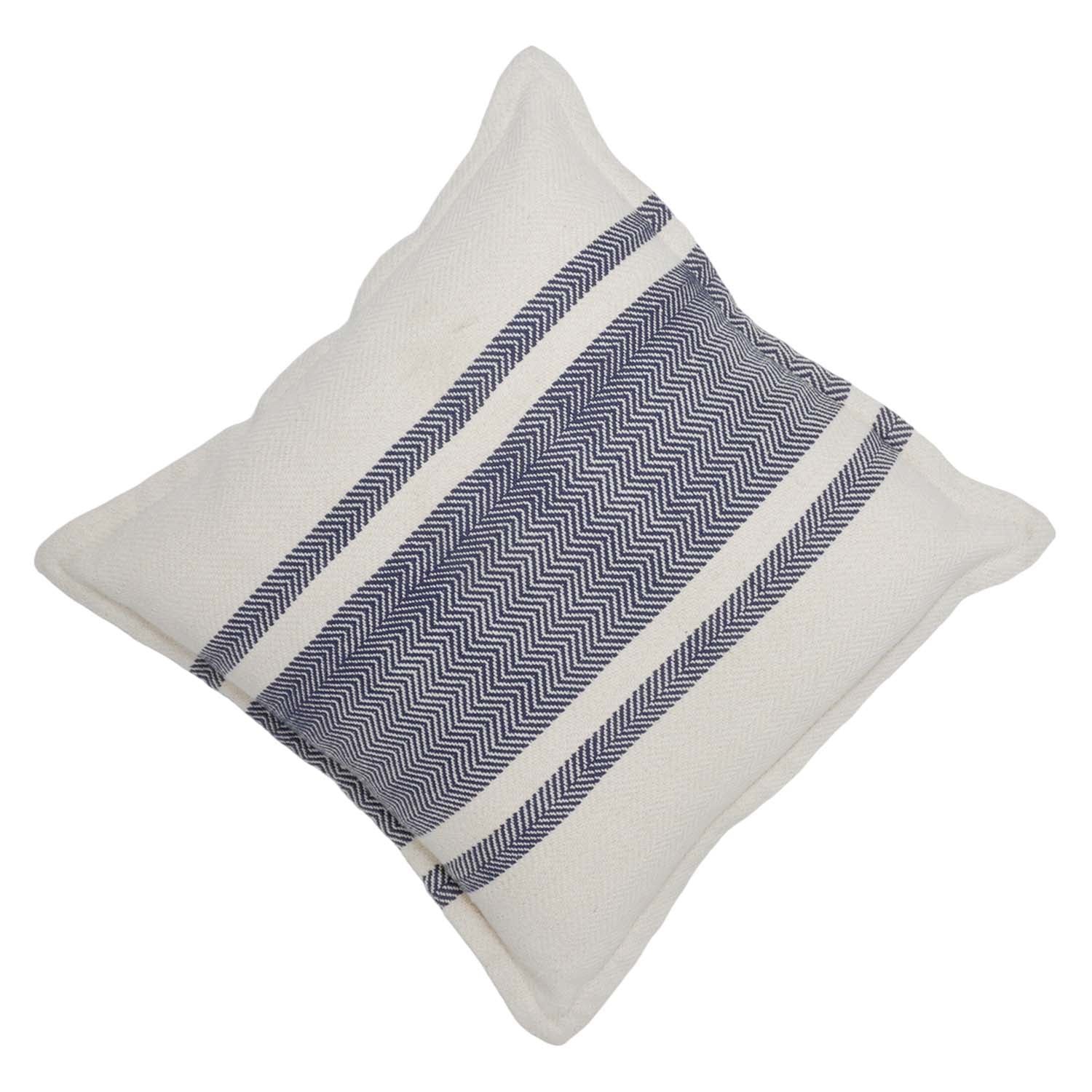 vHandwoven Cotton Cushion Cover 45x45 cm | Blue & Ivory Herringbone Striped Decorative Throw Pillow Cover | Modern Farmhouse Sofa Cushion | Hidden Zip | 100% Cotton