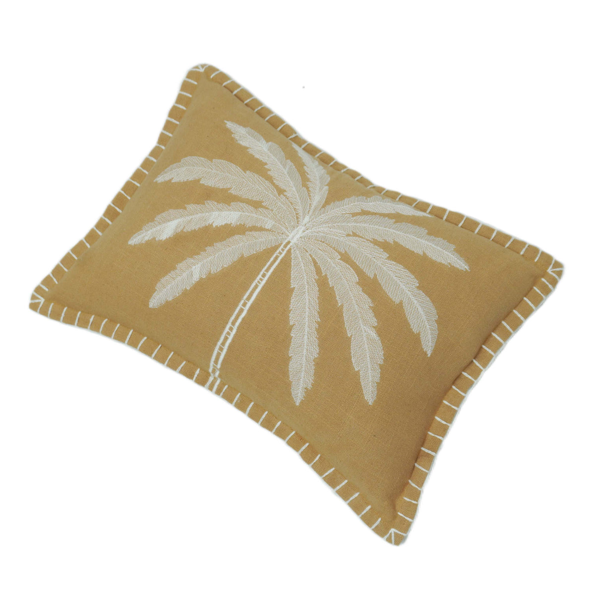 Embroidered Palm Leaf Cushion Cover – Beige & White Threadwork, 35 x 50 cm