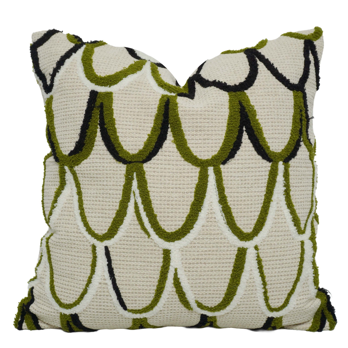 Machine Embroidered Cotton Cushion Cover 45x45 cm – Abstract Loop Pattern in Olive Green & Black